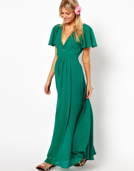 Asos Maxi Dress with Deep Plunge and Ruffle Sleeve in Green