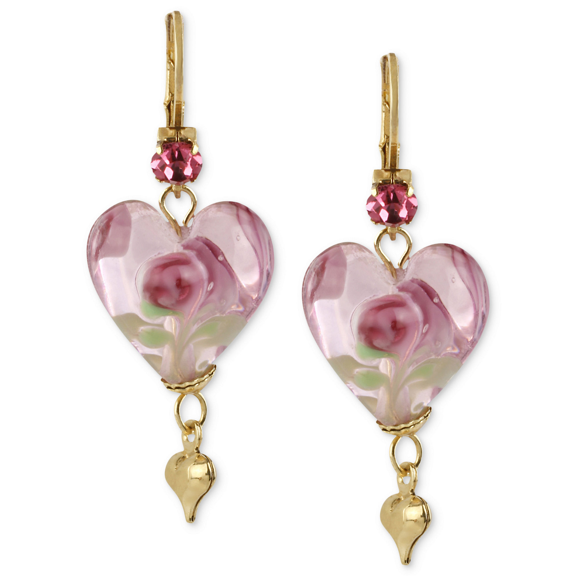 Betsey Johnson Antique Goldtone Flower Heart Drop Earrings In Pink (No ...