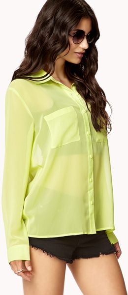 Forever 21 Sheer Chiffon Shirt in Yellow (Lime)