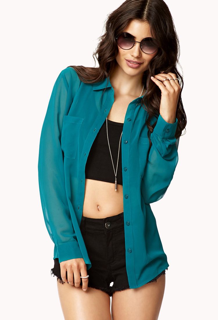 Forever 21 Sheer Chiffon Shirt in Blue (TEAL) Lyst