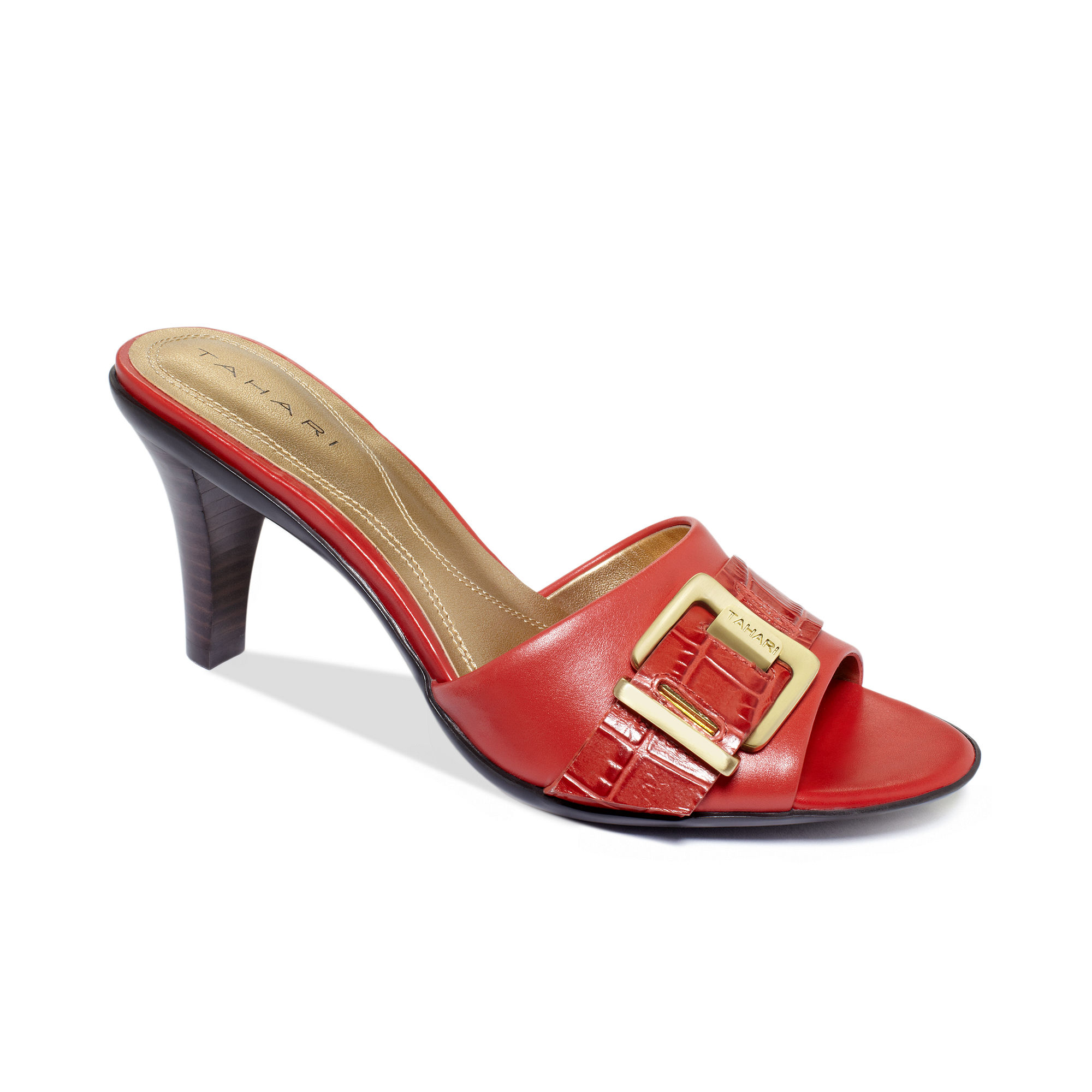 ... heel. Imported. Leather upper. Round open-toe mid-heel mule sandals. 3