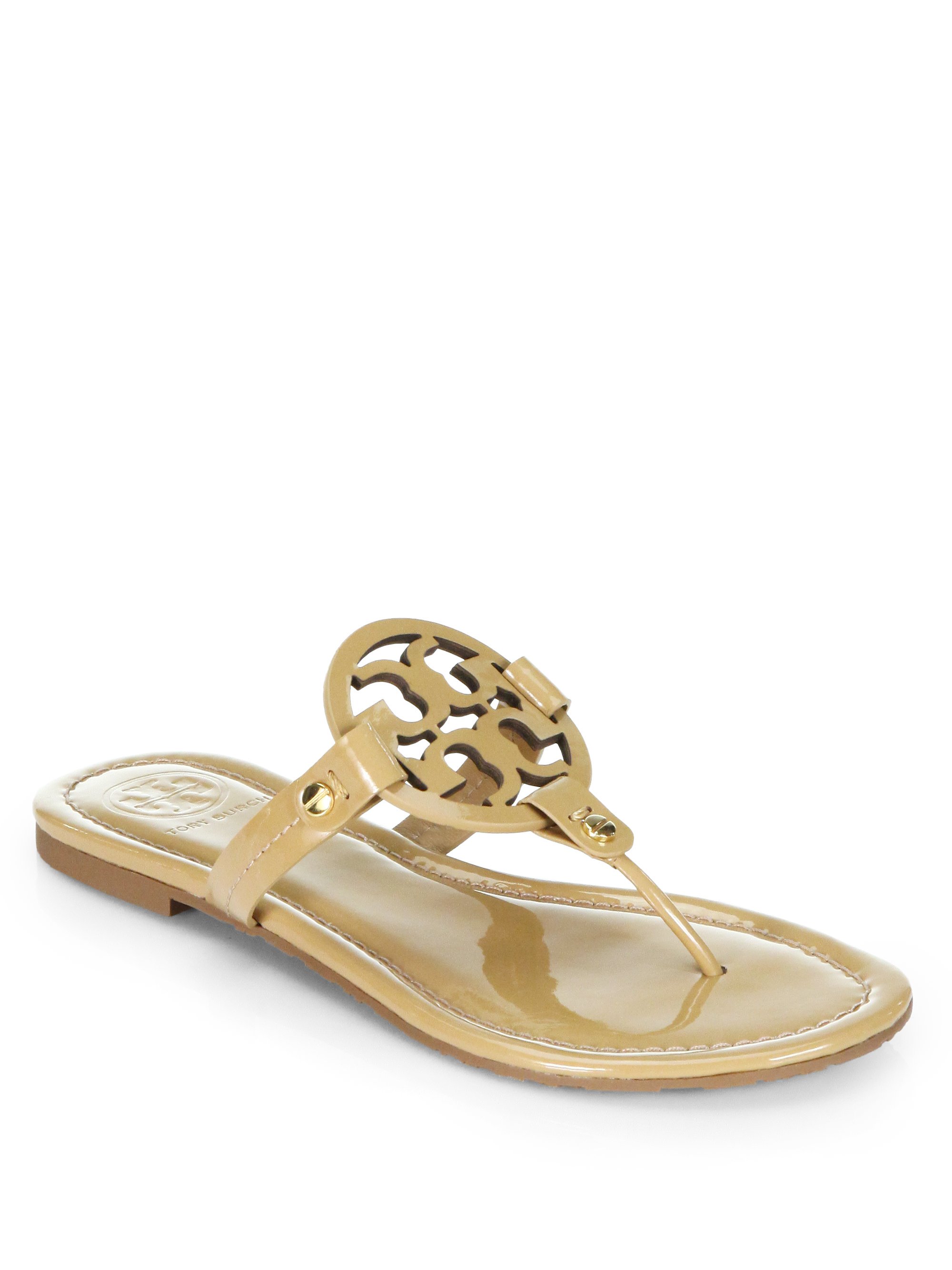 Tory Burch Miller Patent Leather Thong Sandals in Khaki (SAND) | Lyst