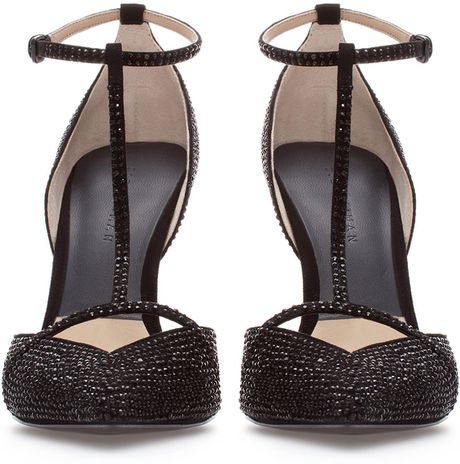 Zara Low Cut Tbar Court Shoe with Diamante in Black | Lyst