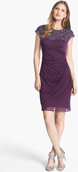 Alex Evenings Lace Yoke Mesh Dress in Purple (Eggplant)