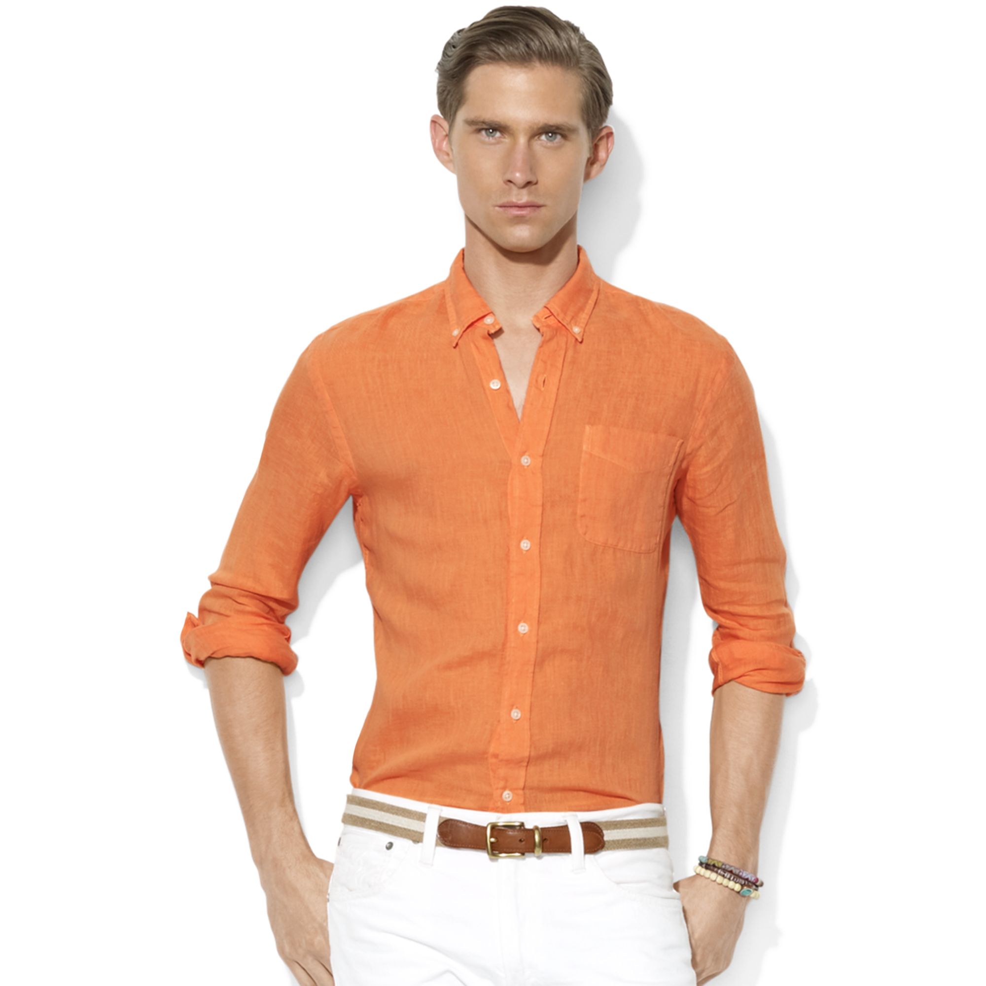 Ralph Lauren Customfit Linen Buttondown Shirt in Orange for Men