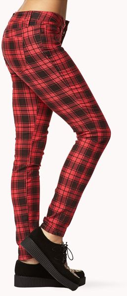 Forever 21 Plaid Skinny Pants in Red (Redblack) | Lyst