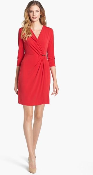 Calvin Klein Jersey Faux Wrap Dress in Red