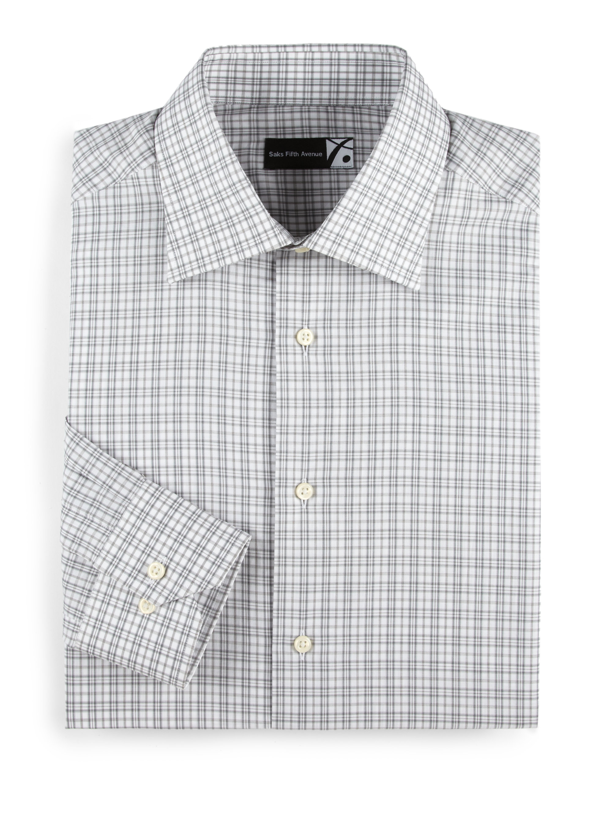 Saks Fifth Avenue Men Collection Plaid Check Cotton Dress Shirt in Gray