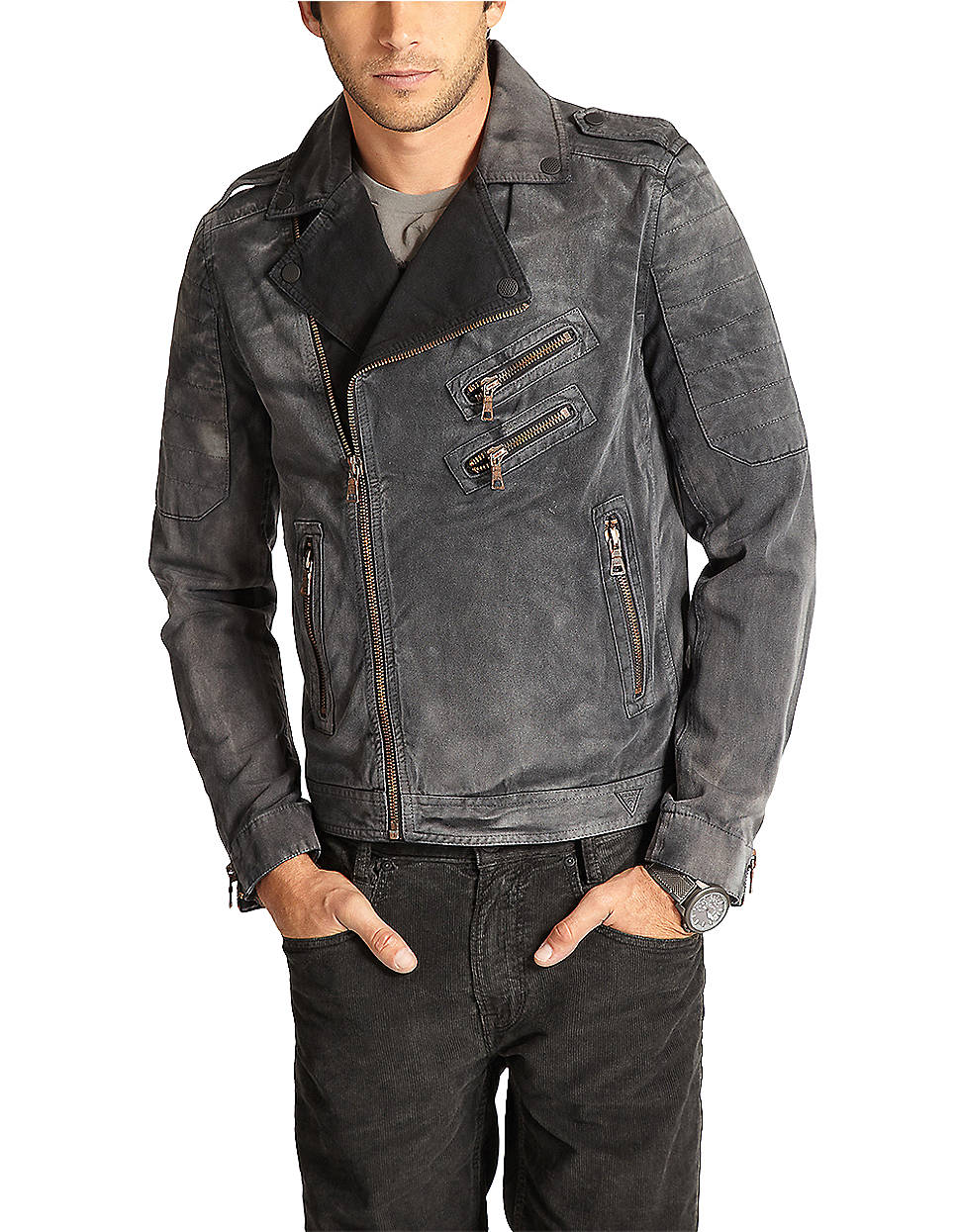 Guess Cotton Twill Motorcycle Jacket in Gray for Men (grey