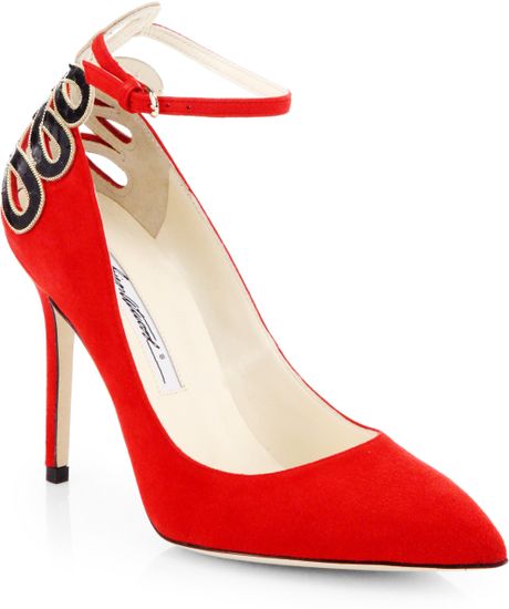 red ankle strap pumps