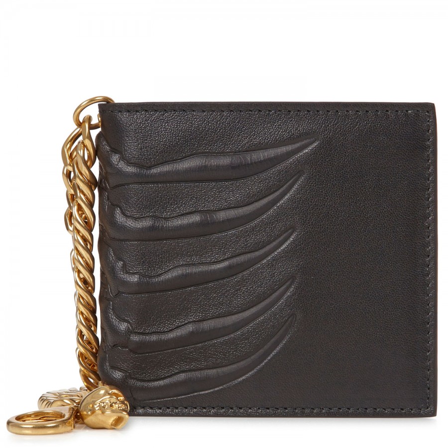 Alexander Mcqueen Chain Embellished Grained Leather Wallet in Black for