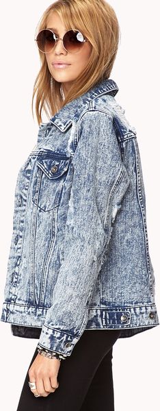 Forever 21 Distressed Acid Wash Denim Jacket In Blue Denim Washed Lyst