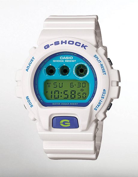 white g shock with blue face