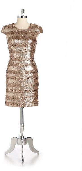 Vera Wang Striped Sequin Cocktail Dress in Gold