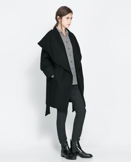 Zara Woollen Wrap Around Coat in Black | Lyst