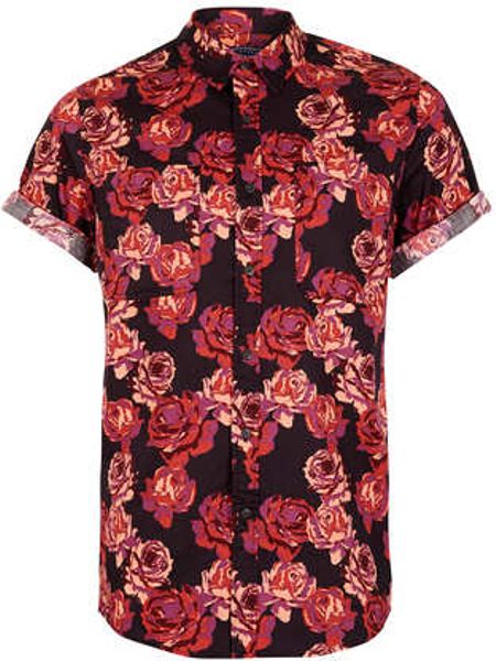 Topman Black Burgundy Rose Print Short Sleeve Shirt in Red for Men