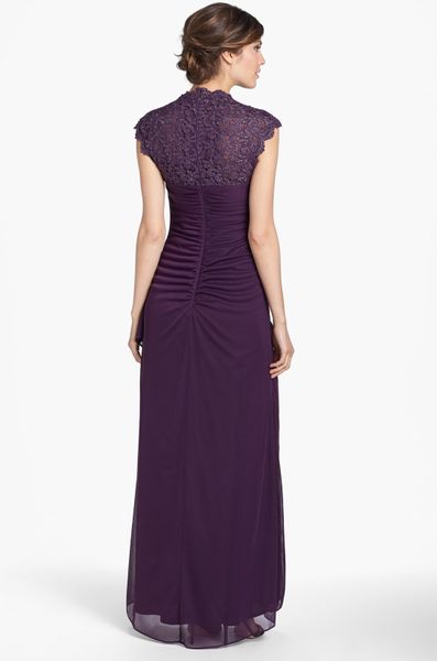 Xscape Lace Yoke Mesh Gown in Purple (Plum)
