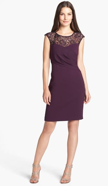 Calvin Klein Lace Yoke Sheath Dress in Purple (Aubergine)