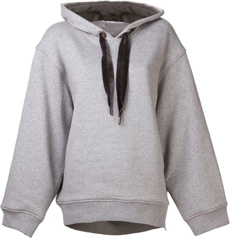 acne sweatshirt studios hooded lyst drawstring grey fullscreen