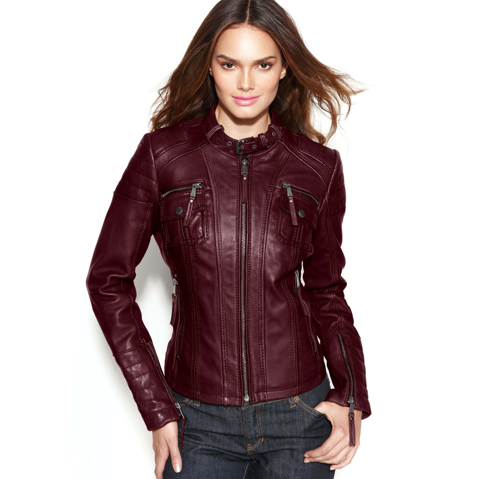 Michael Kors Leather Bucklecollar Motorcycle Jacket in Red