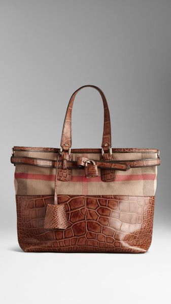 Burberry Large Check Canvas Alligator Tote Bag in Brown (walnut brown) | Lyst