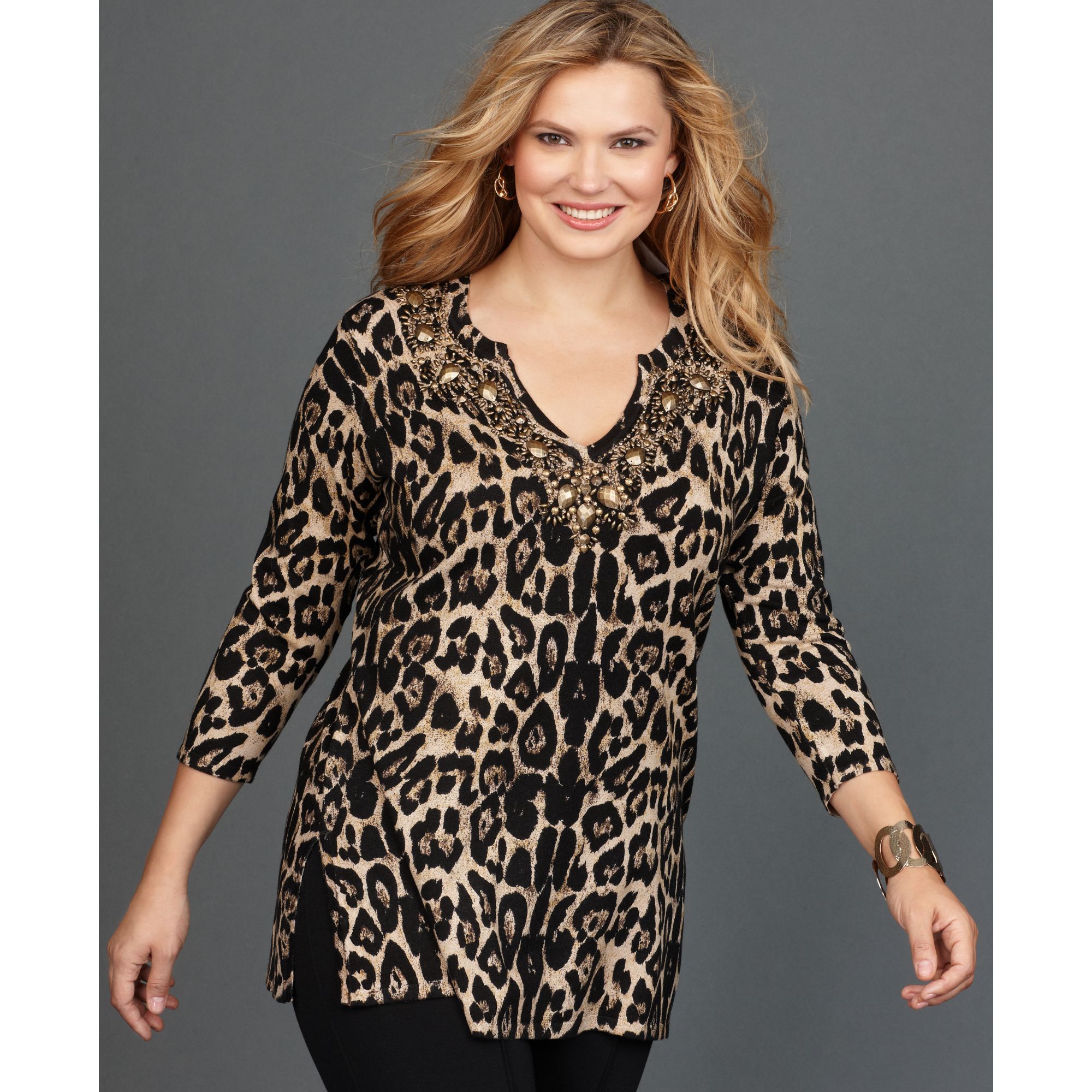 Inc International Concepts Longsleeve Beaded Animalprint Tunic in