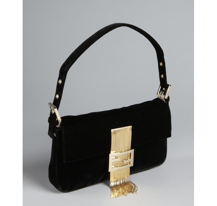Fendi Black Velvet and Chain Fringe Mini Baguette Shoulder Bag in Black