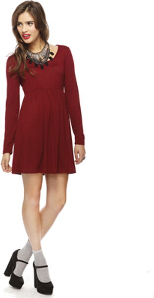 Forever 21 Long Sleeve Basic Dress in Red (BURGUNDY)