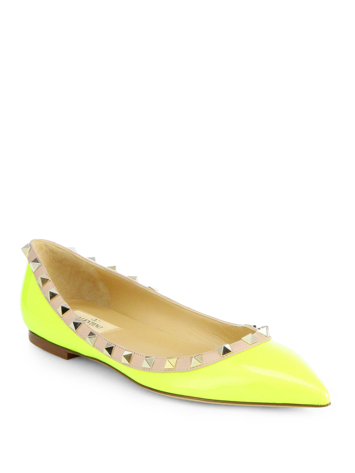 Valentino Rockstud Patent Leather Ballet Flats in Yellow (NEON YELLOW