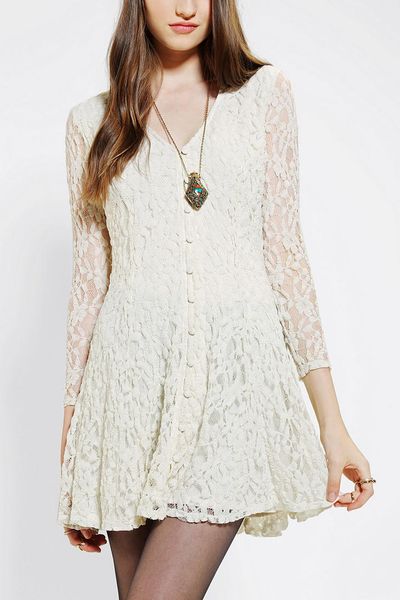 Urban Outfitters Long Sleeve Lace Skater Dress in Beige (CREAM) | Lyst