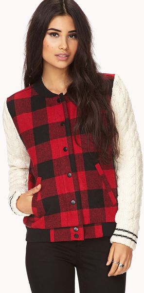 Forever 21 Remixed Plaid Varsity Jacket in Red (REDBLACK)