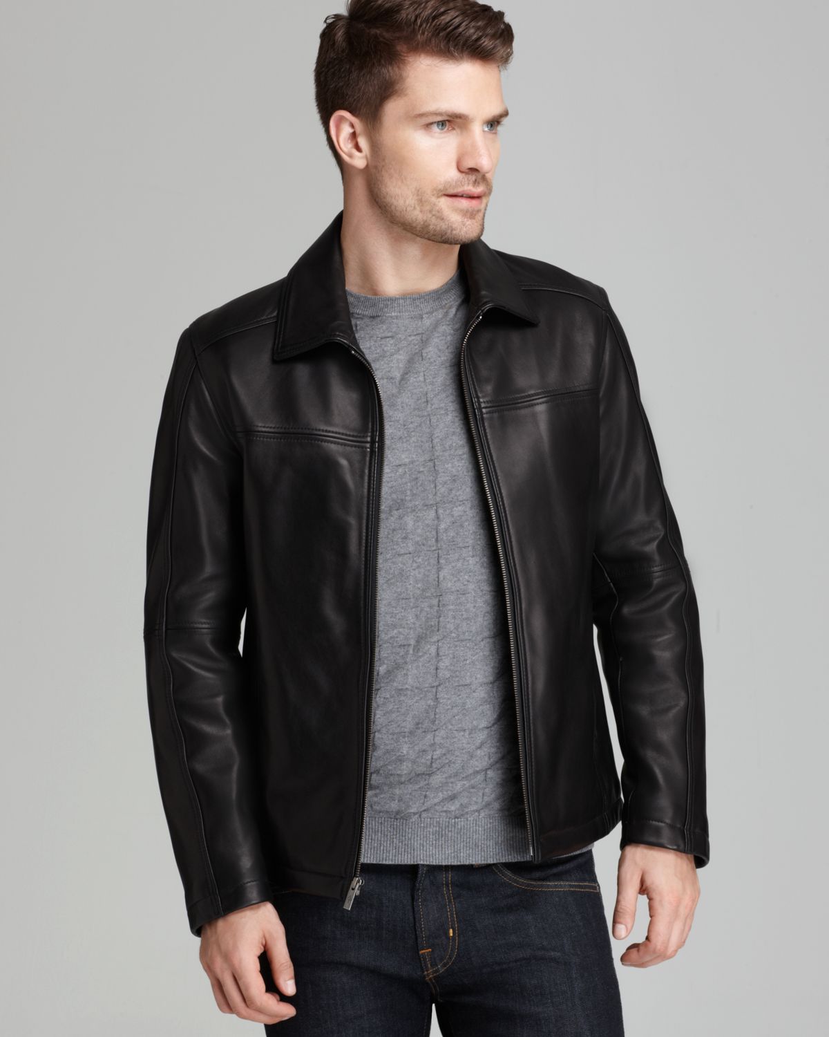 Cole Haan Smooth Leather Moto Jacket in Black for Men Lyst