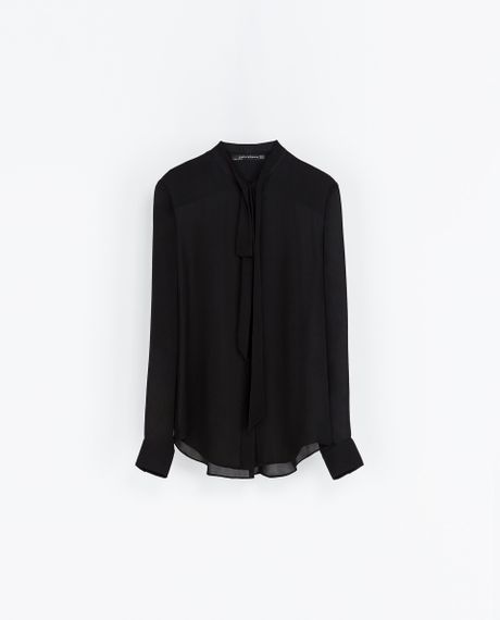 Zara Silk Blouse With Bow In Black Lyst