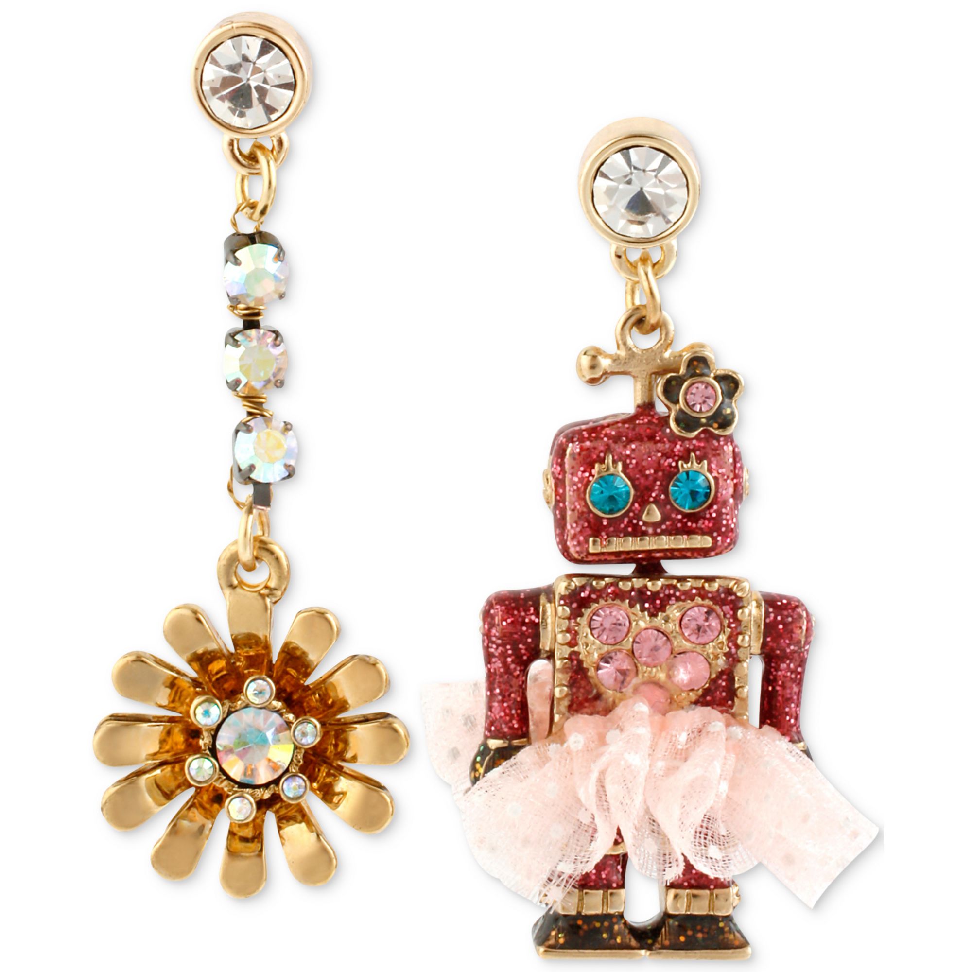 Betsey Johnson Antique Goldtone Robot and Flower Mismatch