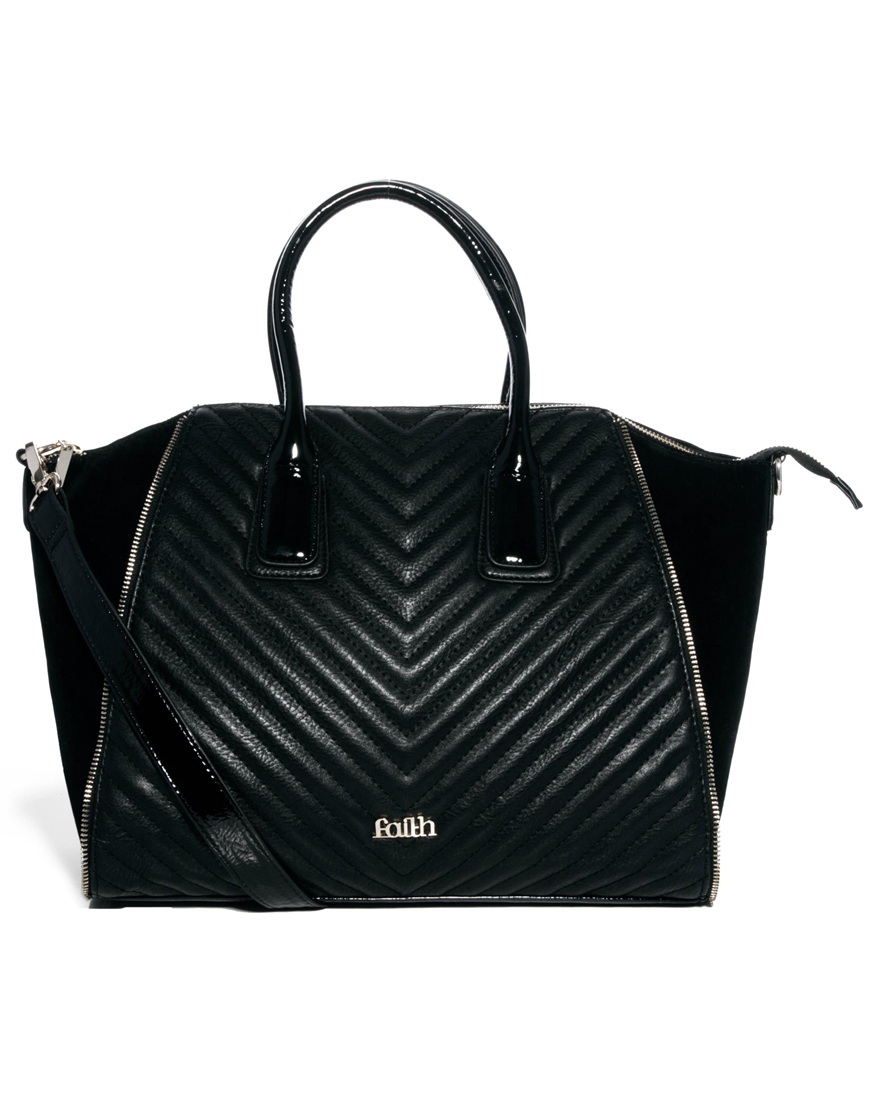 Asos Faith Zip Zag Quilted Winged Tote Bag in Black | Lyst