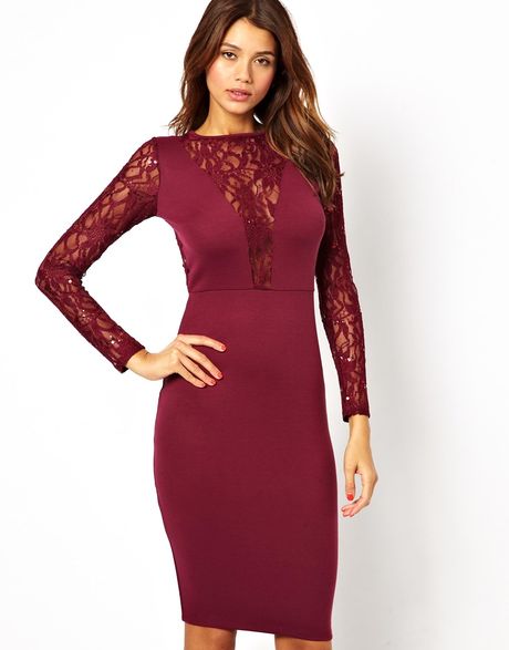 Asos Sequin And Lace Midi Bodycon Dress in Purple (Berry)