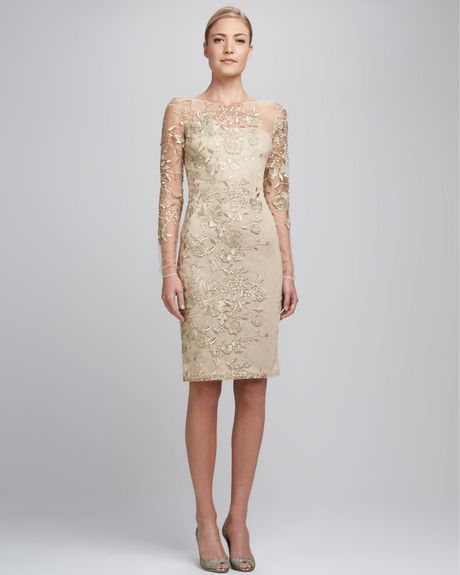 David Meister Embroidered Lace Cocktail Dress in Beige (gold)