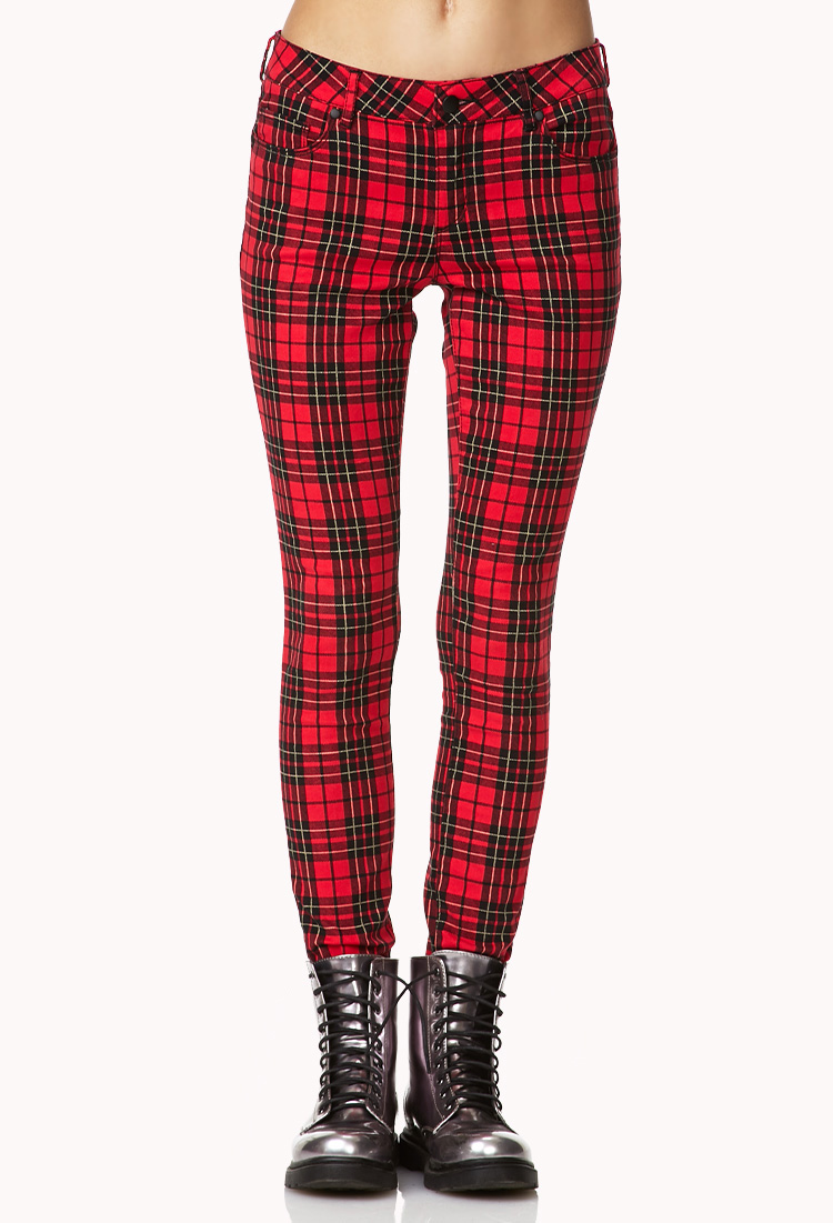 red plaid skinny pants