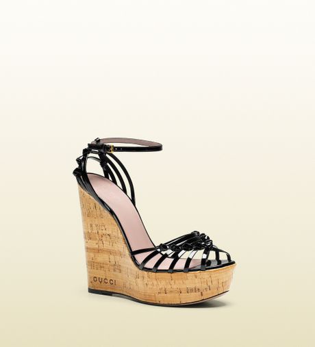 Gucci Alice Patent Leather High-heel Wedge Sandal in Black | Lyst