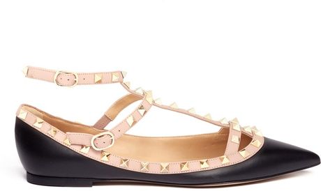 Valentino Rockstud Caged Leather Flats in Black (Multi-colour) | Lyst