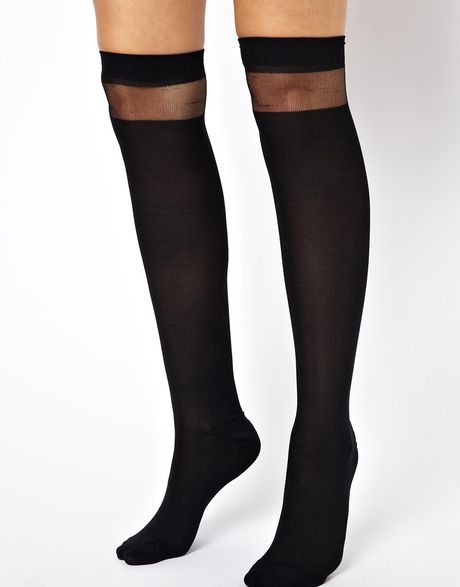 Asos Sheer Stripe Over The Knee Socks In Black Lyst 