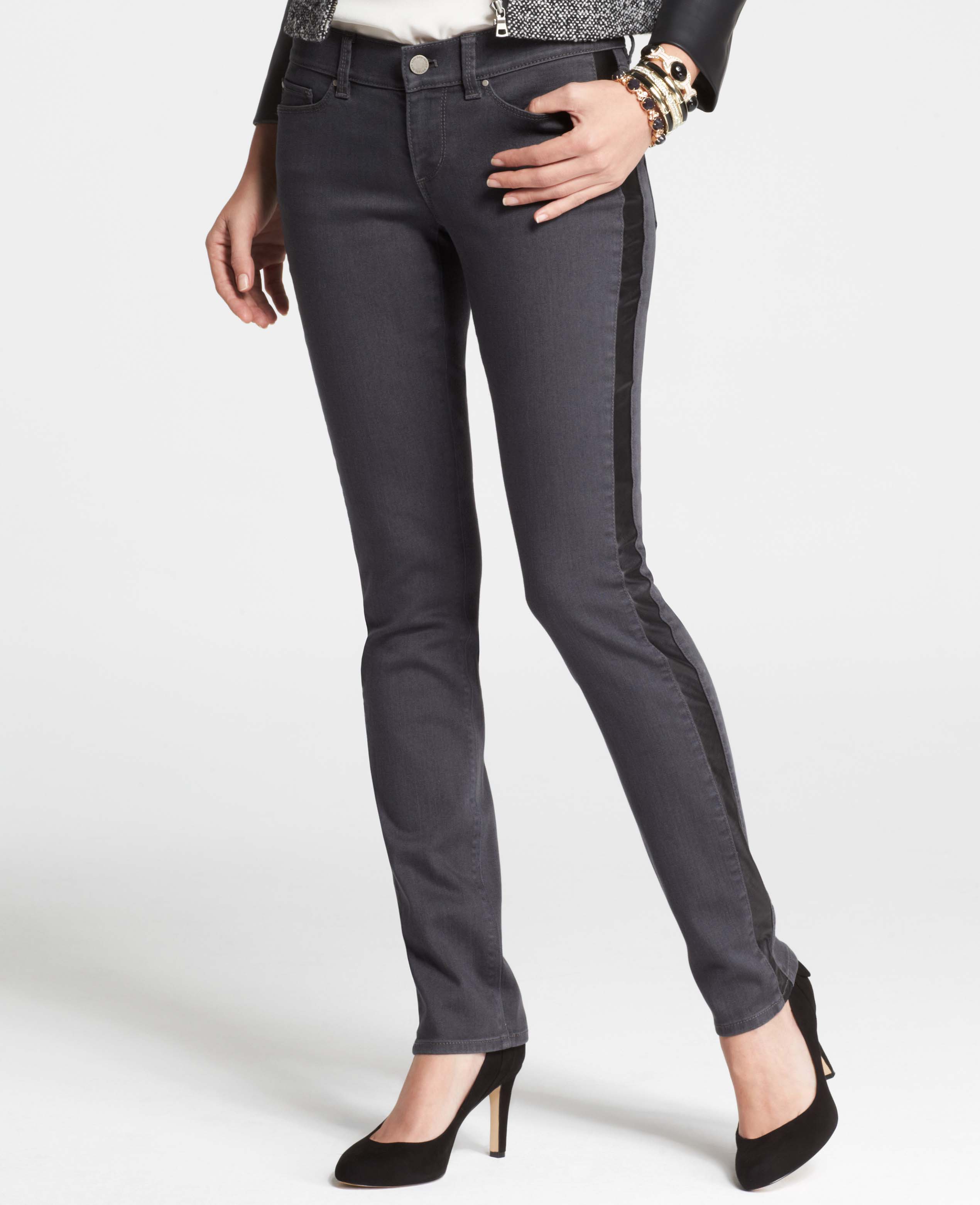 Ann Taylor Modern Faux Leather Tuxedo Stripe Slim Denim Jeans in Black 