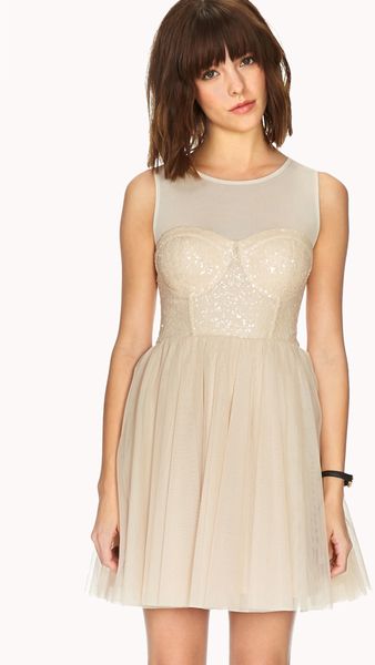 Forever 21 Festive Sequined Mesh Dress in Beige (CHAMPAGNE)