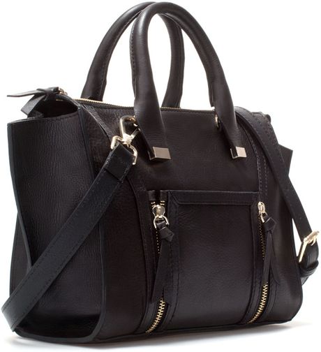 Zara Mini Leather City Bag with Pocket and Zips in Black | Lyst