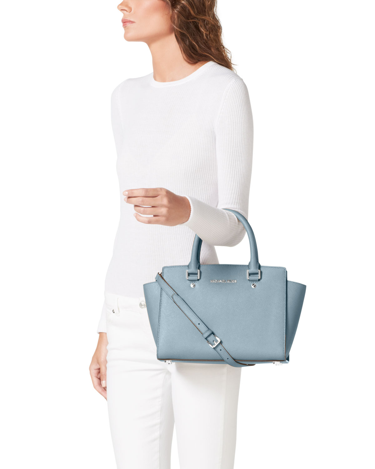 Lyst Michael Michael Kors Medium Selma Topzip Satchel In Blue