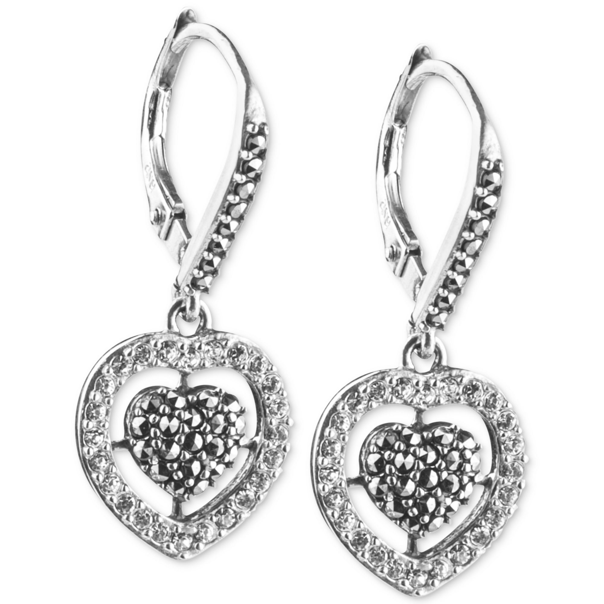 Judith Jack Sterling Silver Crystal and Marcasite Heart Drop Earrings