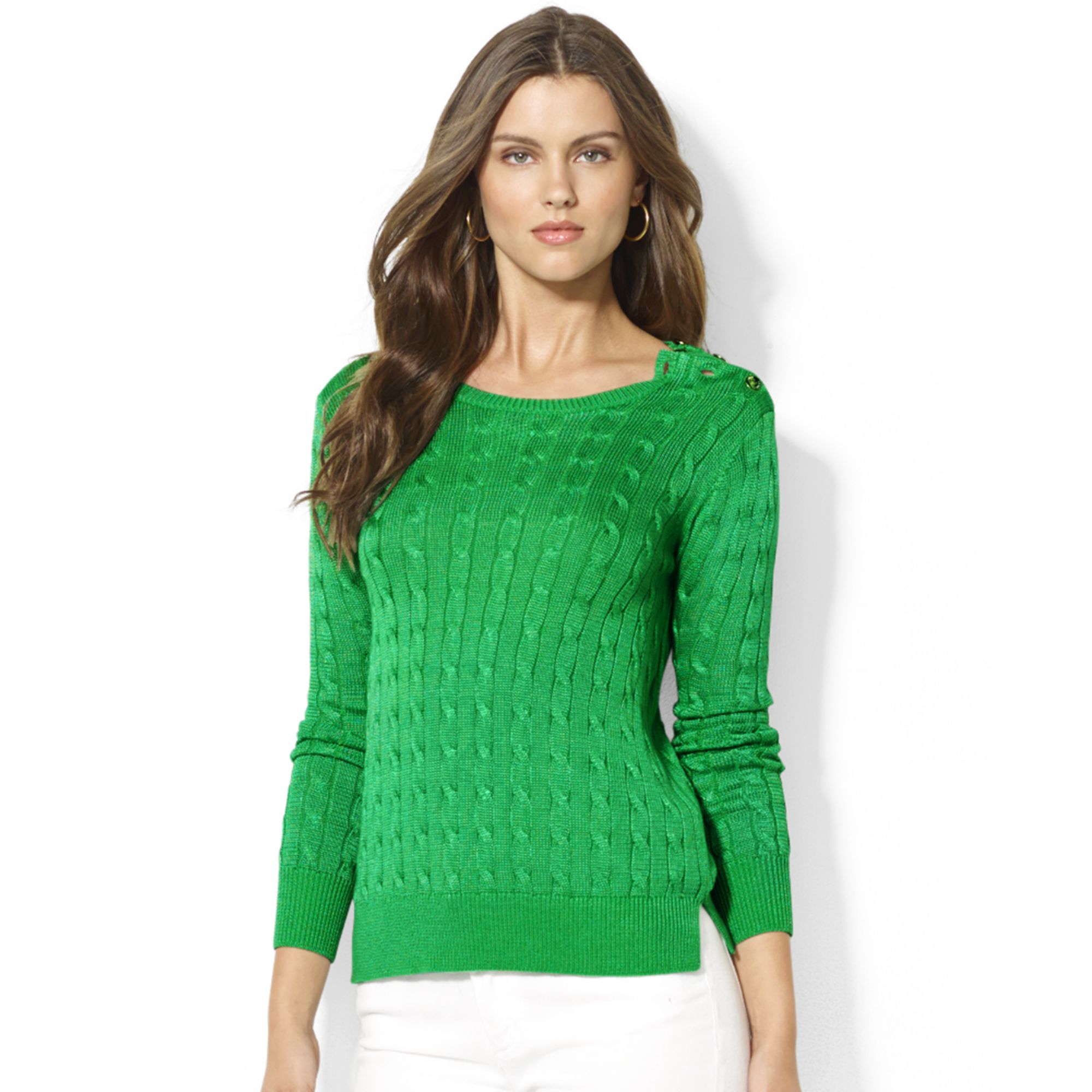 Lauren By Ralph Lauren Petite Button detailed Cable-knit Sweater in
