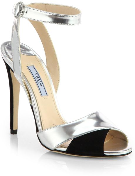 Prada Metallic Leather Suede Evening Sandals in Silver (SILVER BLACK ...