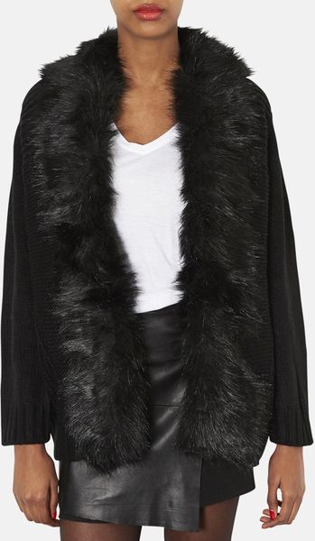 Topshop Faux Fur Trim Cardigan In Black Lyst