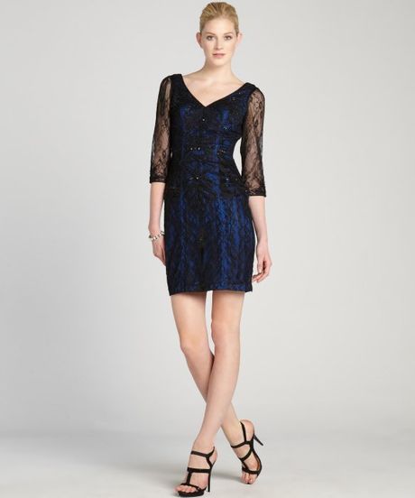 Sue Wong Three Quarter Sleeve Embellished Cocktail Dress in Blue ...